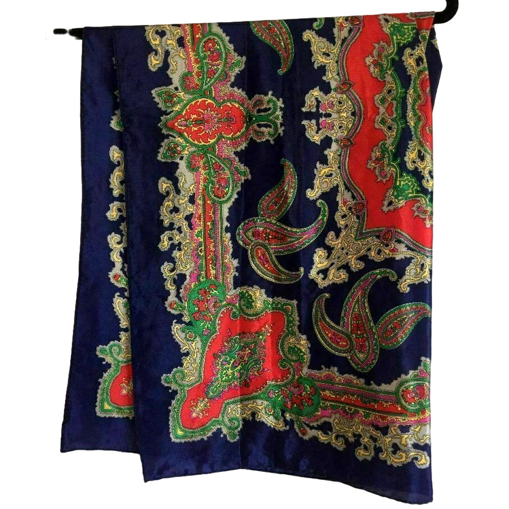 Colorful Paisley Kaleidoscope Designer Square Scarf Blue Red Silky Poly 29.5"